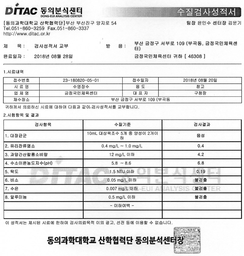 수영장 수질 검사성적서(2018.8.28.)